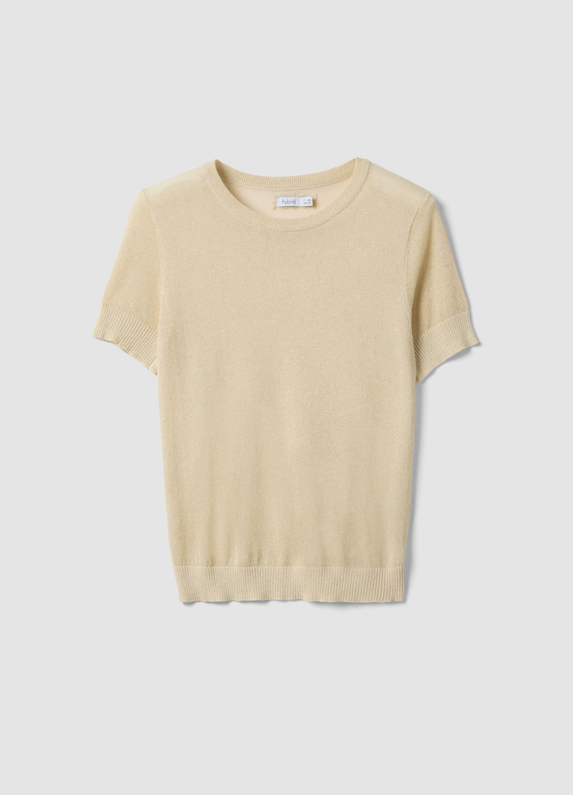 Beige viscose blend regular fit T-shirt with transparent accents
