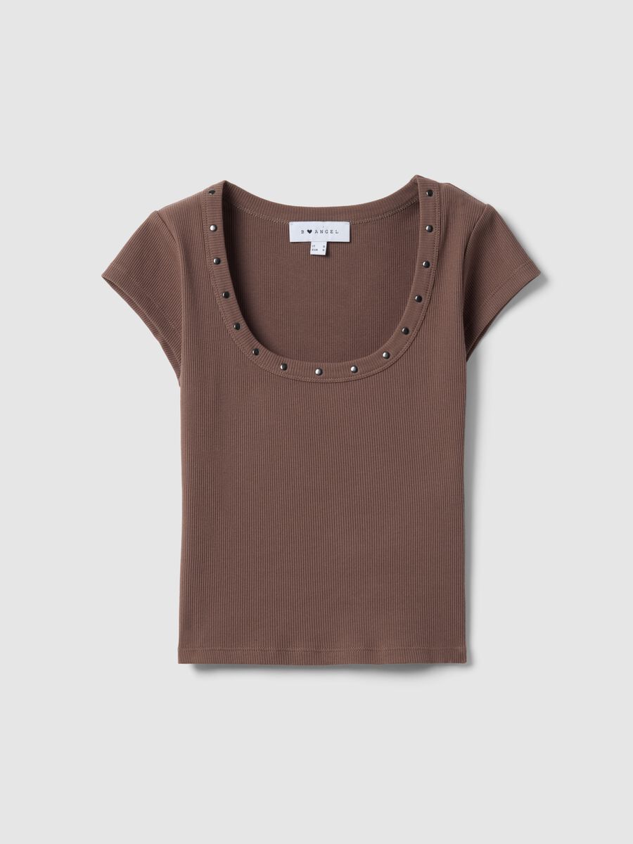 Brown slim fit stretch cotton t-shirt with studded neckline_4