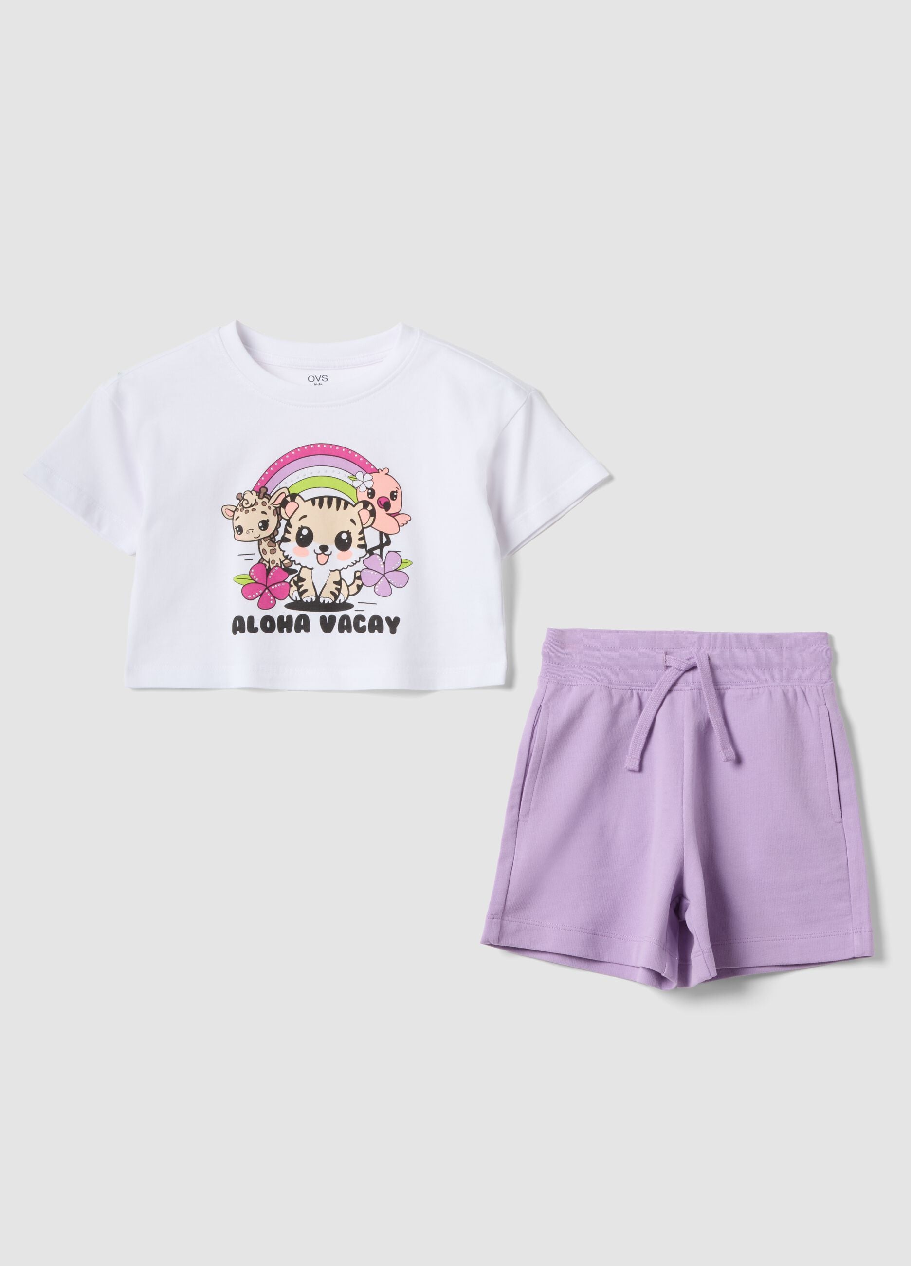 White and purple pure cotton jogging set for girls, regular fit