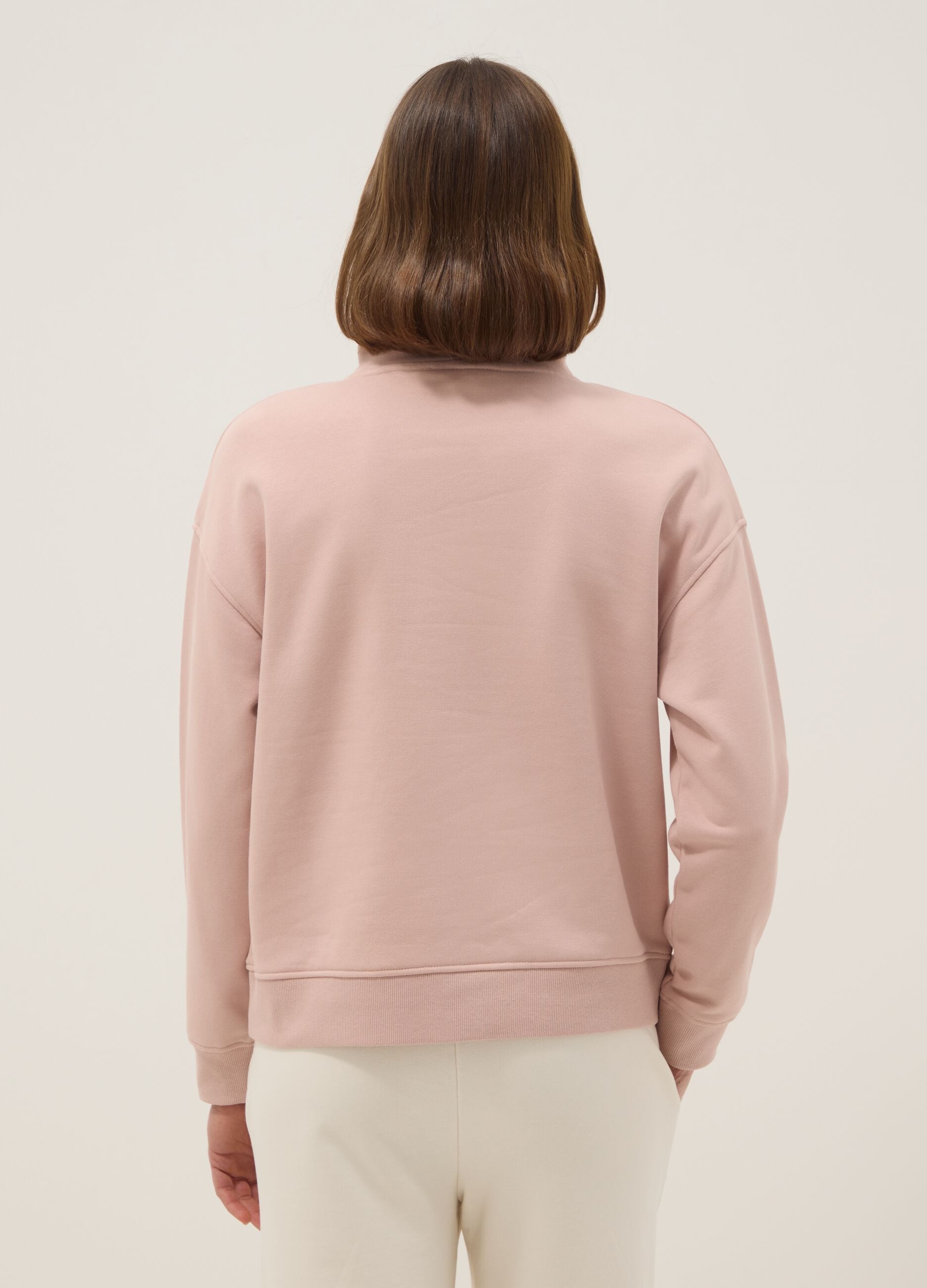 Regular fit pink cotton blend sweatshirt with half zip and high collar