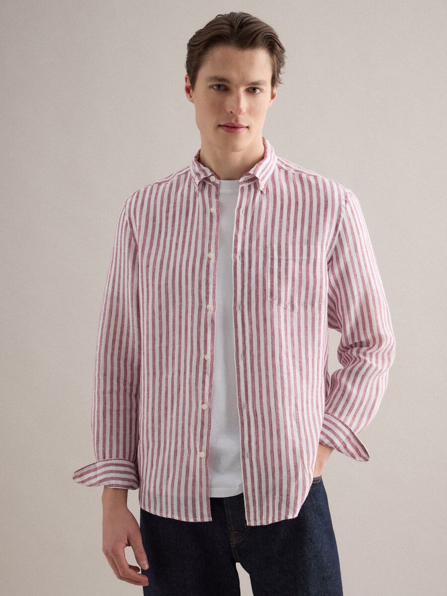 Multicolour striped pure linen shirt, regular fit_0