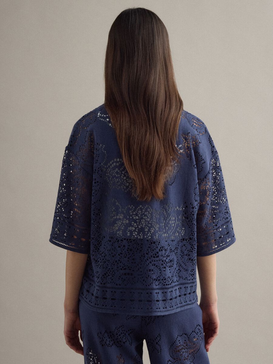 Polo blu in crochet traforato di misto cotone regular fit_3