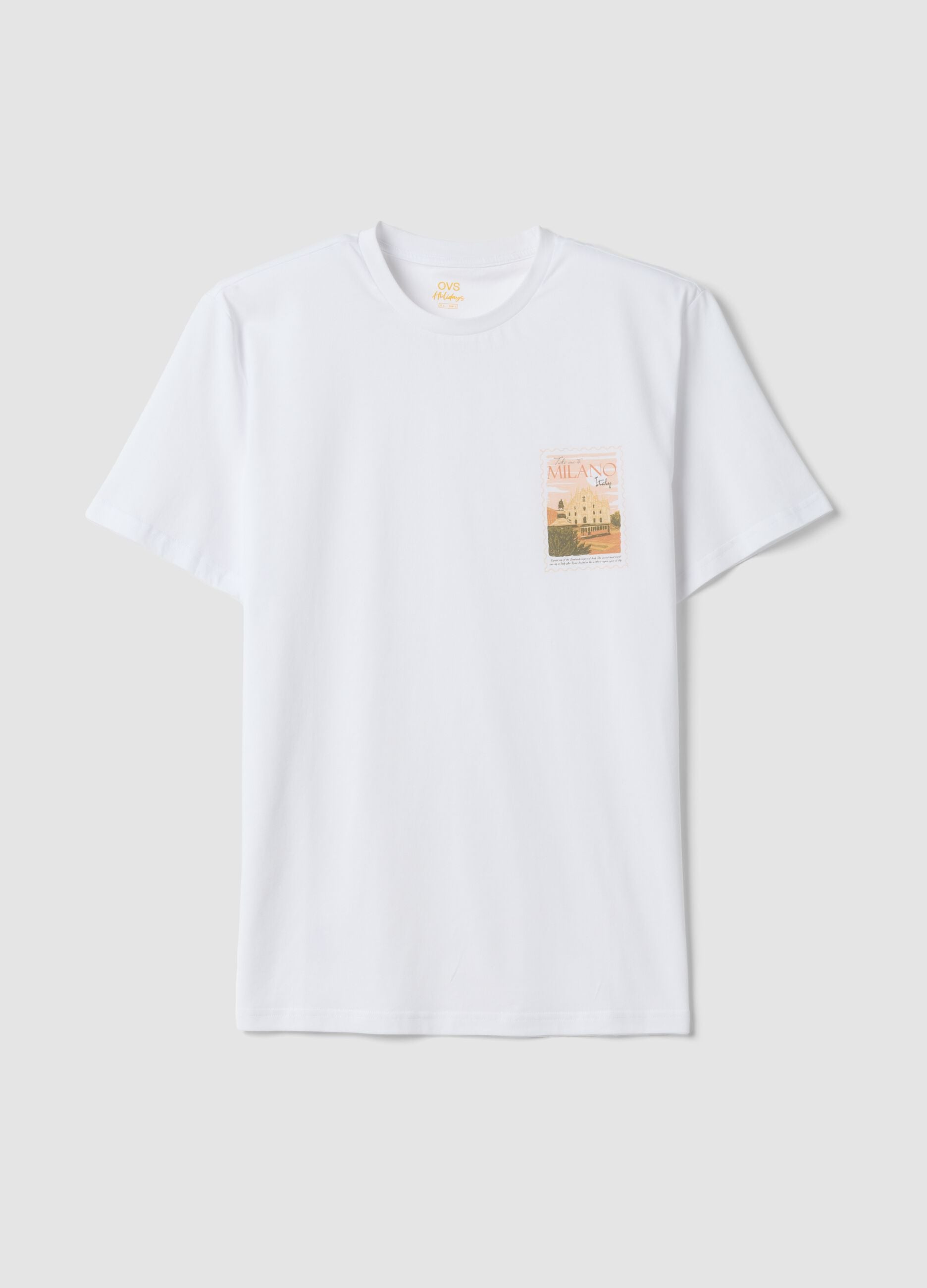 White pure cotton T-shirt with graphic print, regular fit