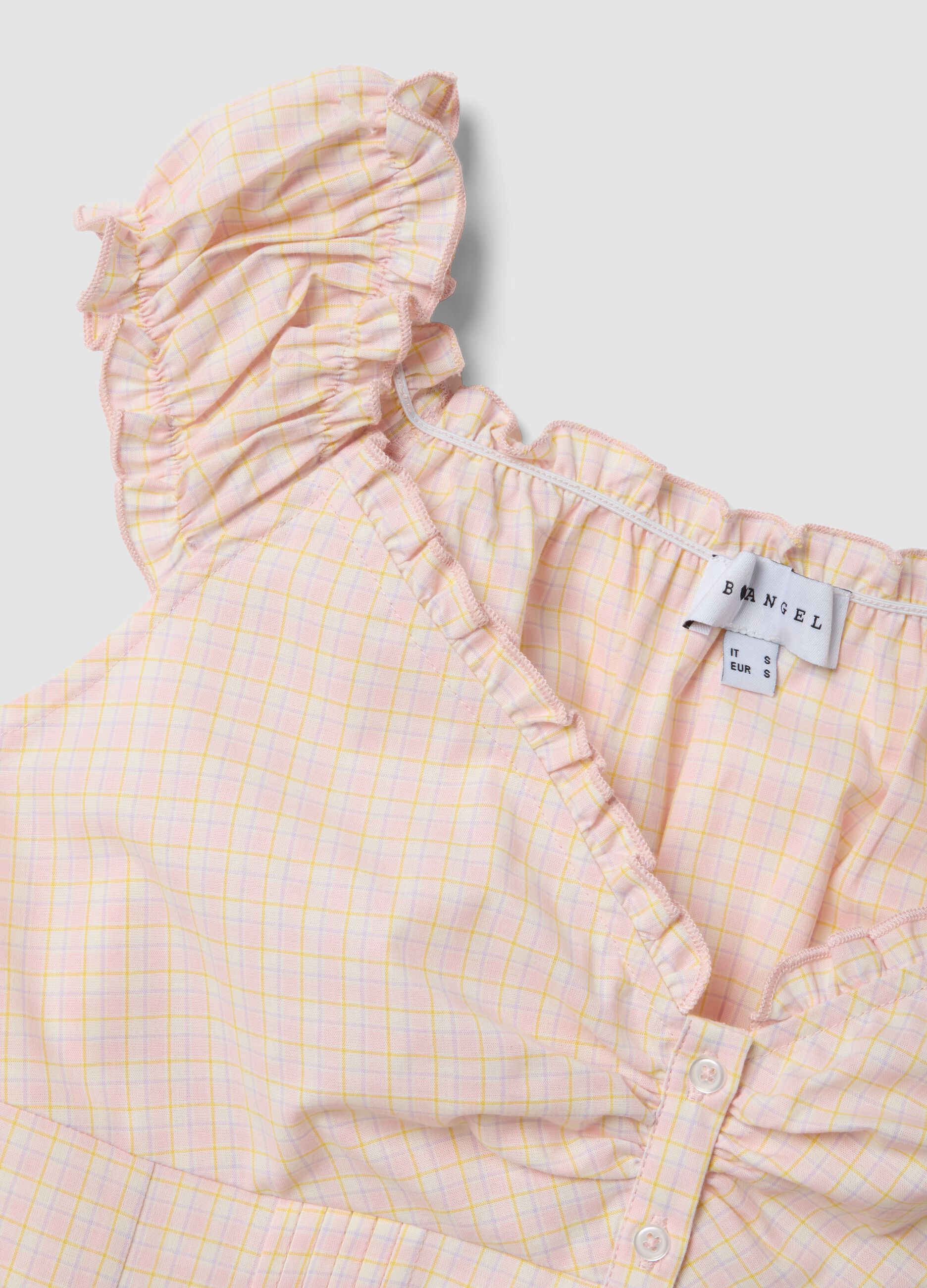 Pink stretch cotton blouse with buttons and ruffles, regular fit