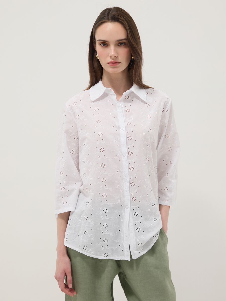 White broderie anglaise pure cotton shirt, regular fit_1