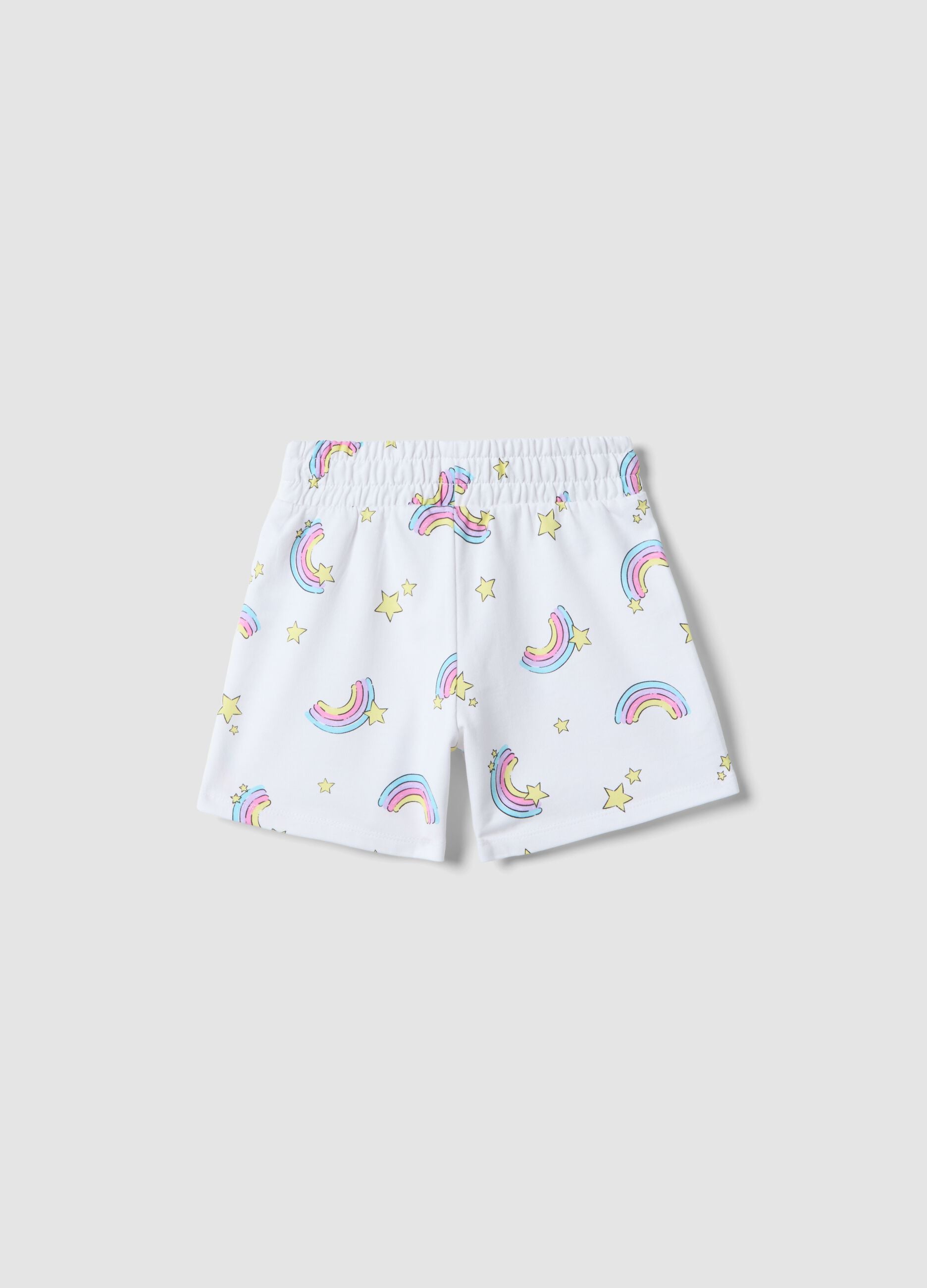 Girls' regular fit white pure cotton shorts with rainbows