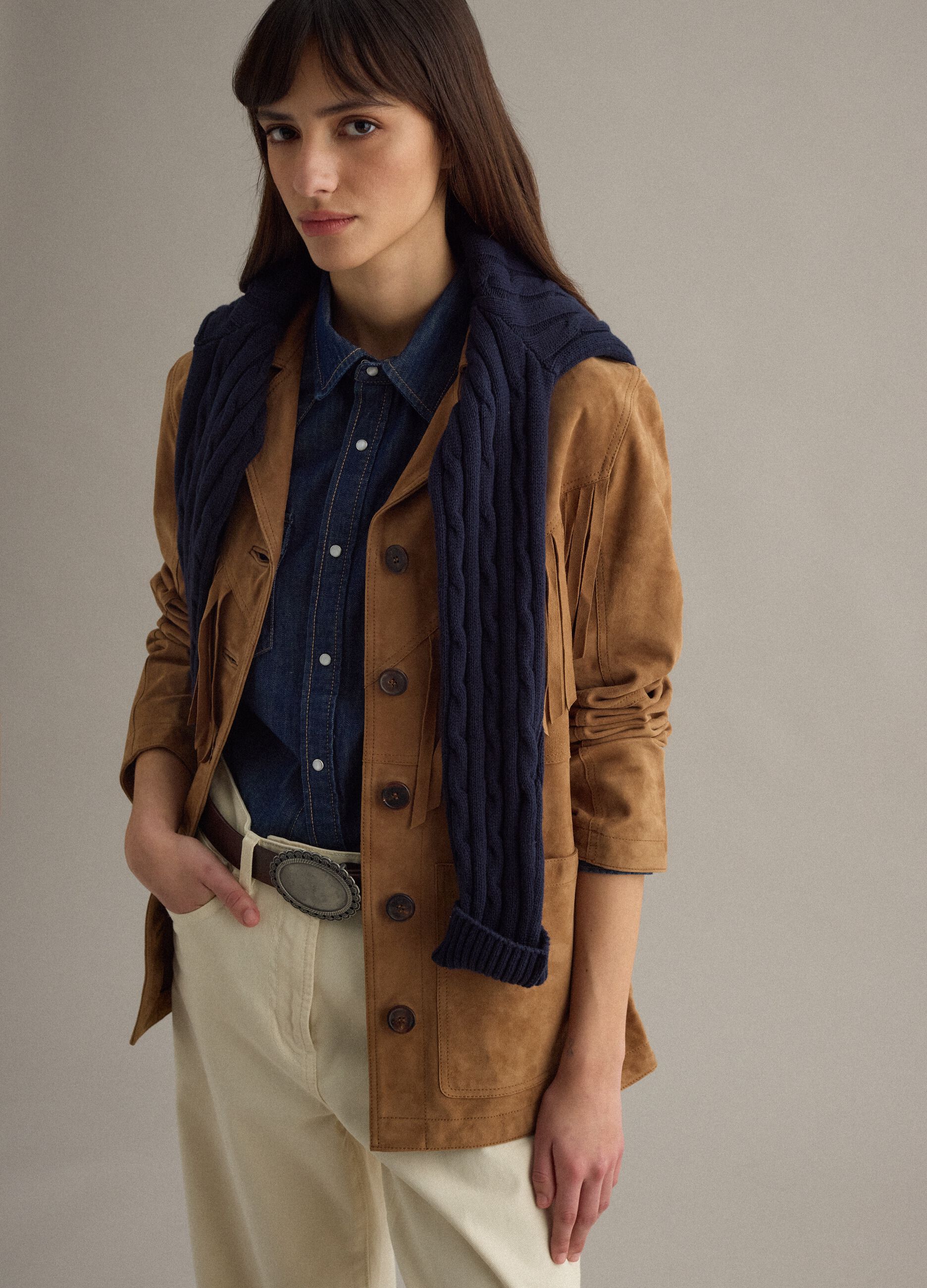 Brown genuine leather jacket regular fit with fringes