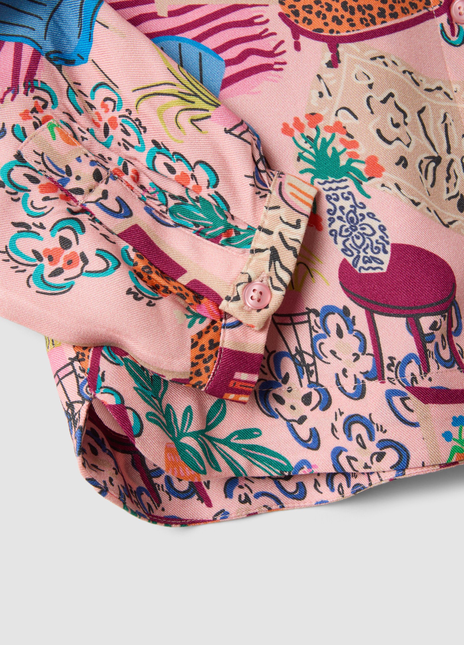 Pink pure viscose patterned shirt with classic collar for girls