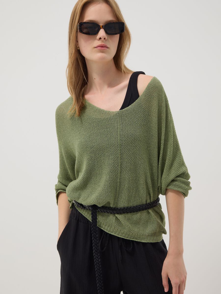 Green V-neck top in viscose and linen blend_0