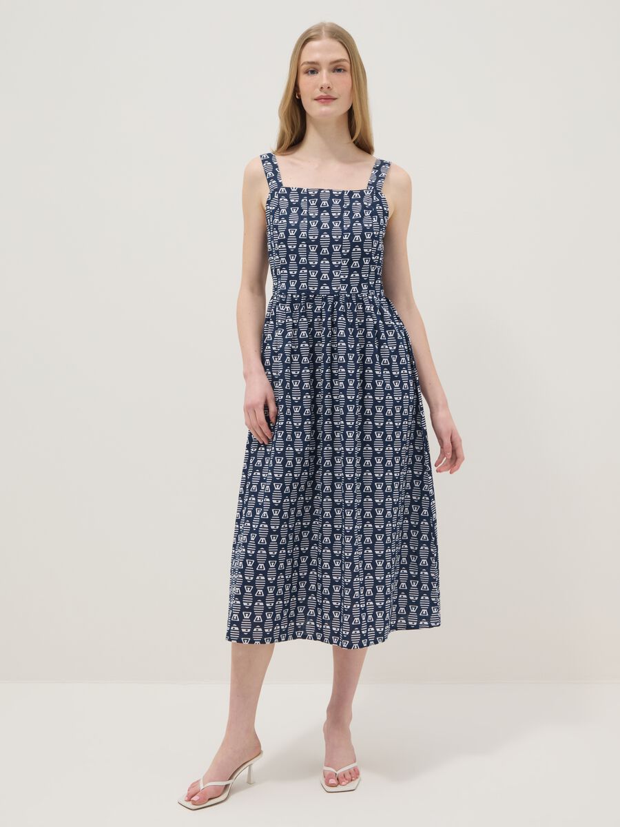 Blue pure cotton strappy dress with a summer print_0