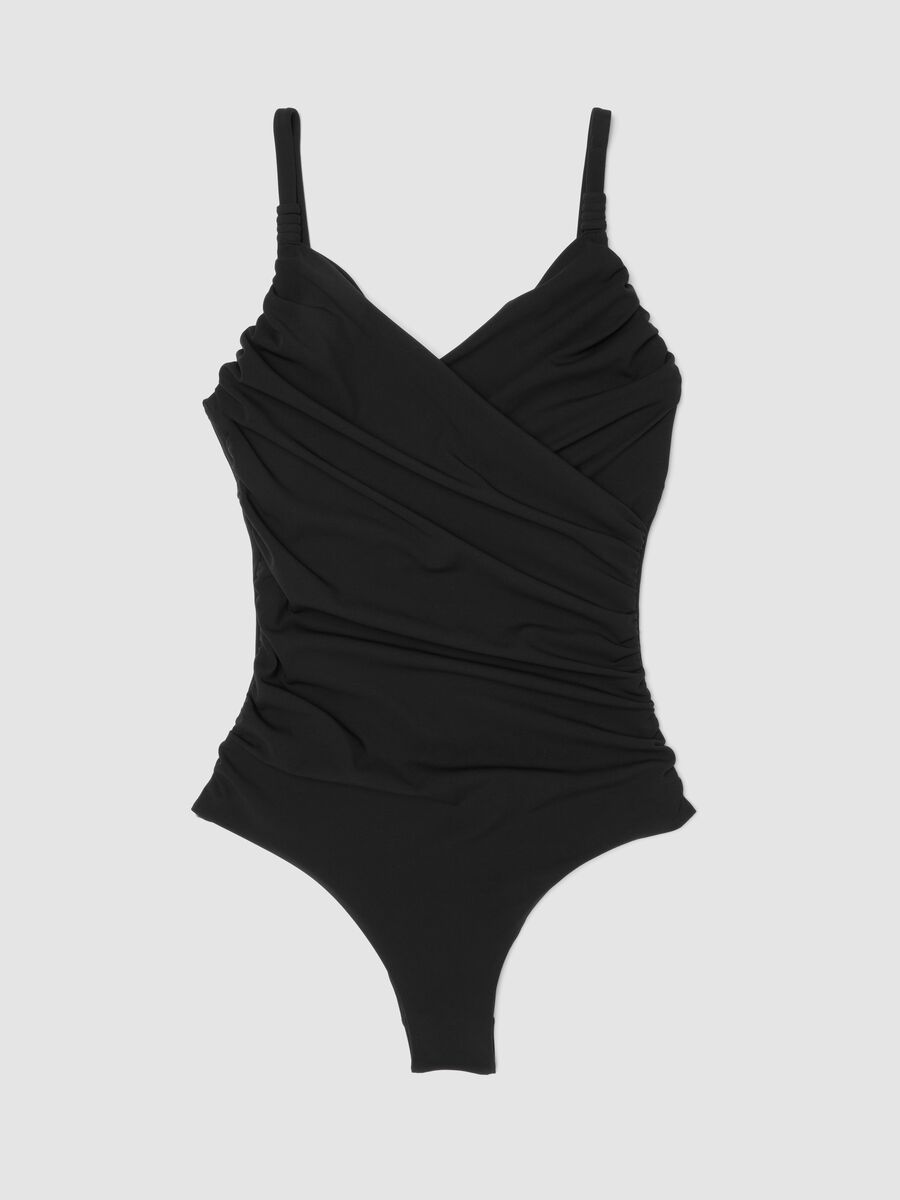 Black draped stretch swimsuit with shaping effect_4