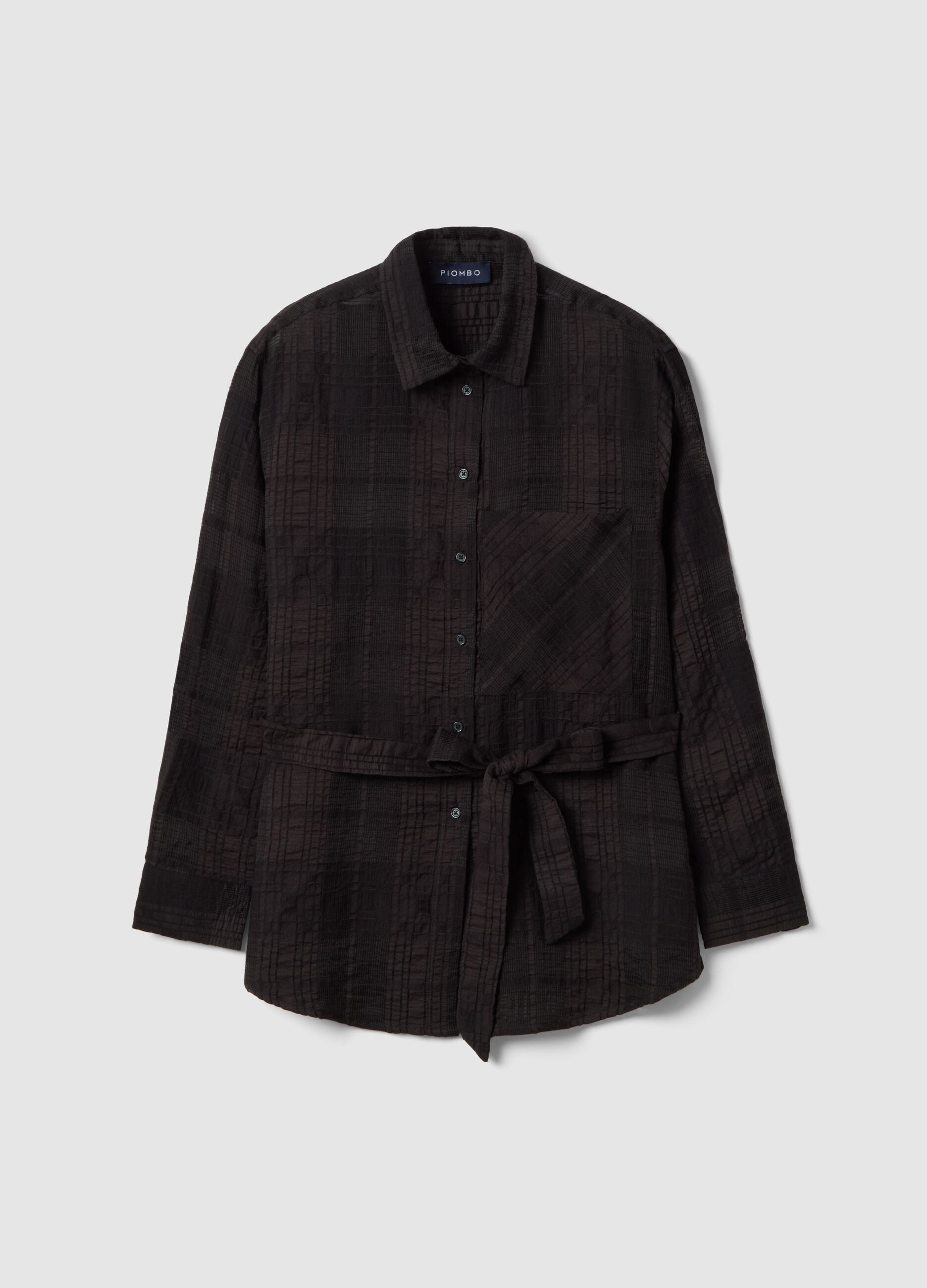 Black viscose blend oversized fit check semi-transparent shirt