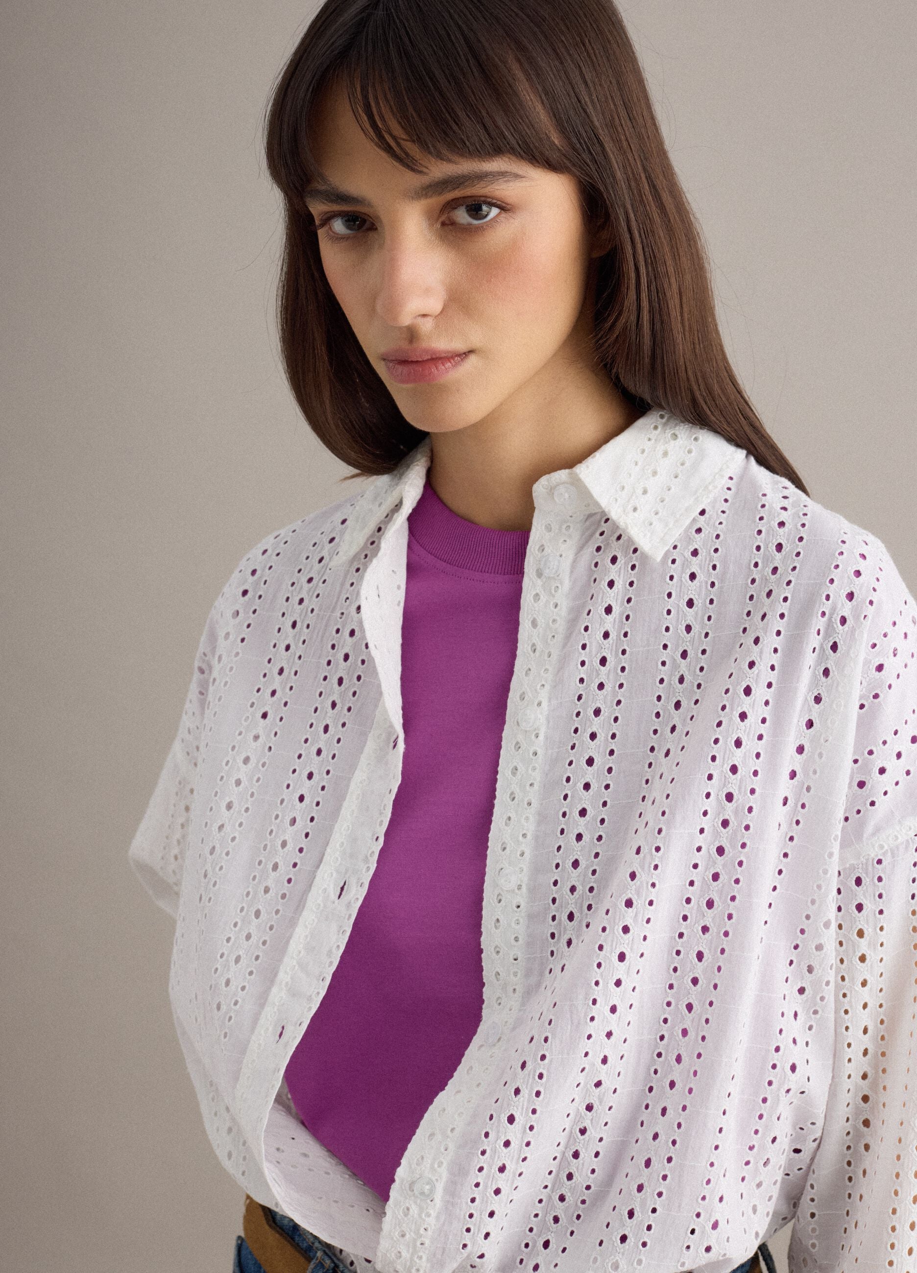 White pure cotton embroidered shirt regular fit with perforated design