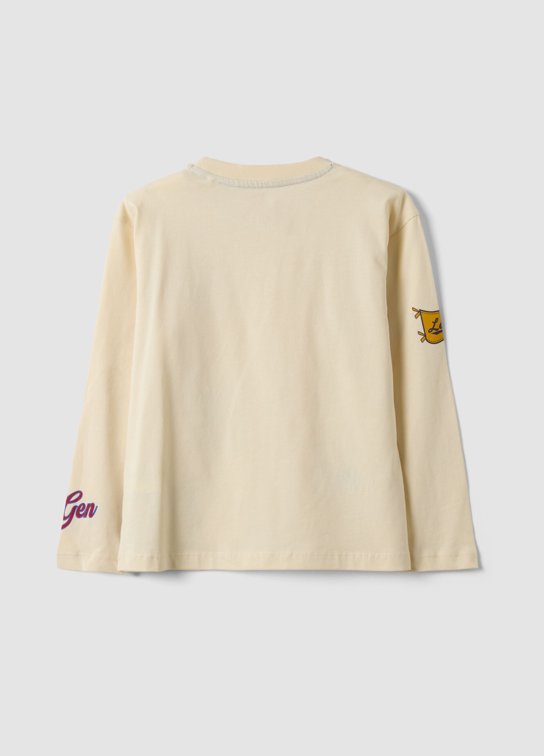 Beige pure cotton crew-neck college-print T-shirt for boys