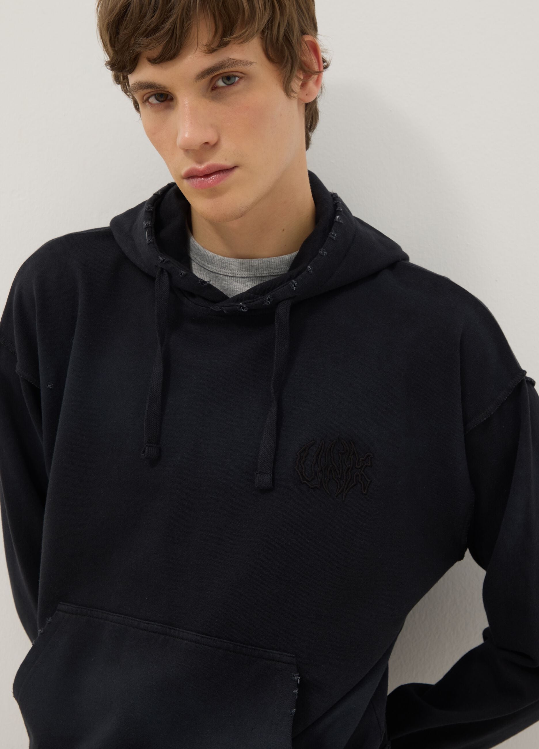 Black cotton blend oversized fit hooded sweatshirt