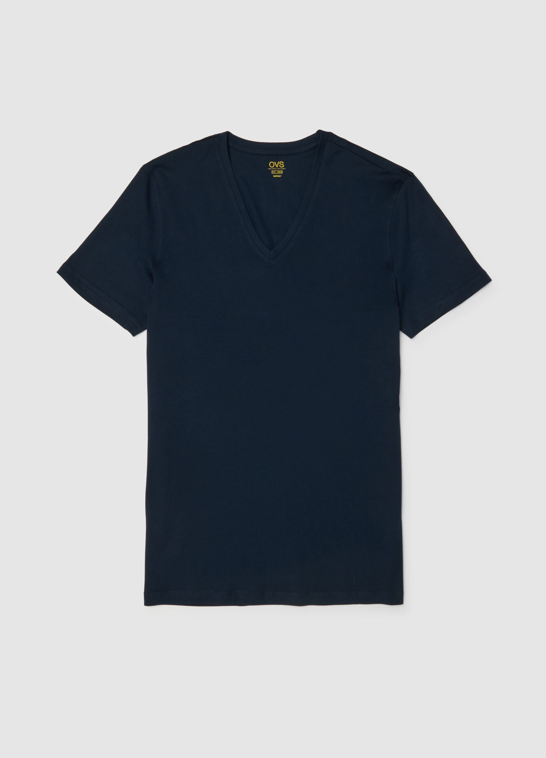 Blue pure cotton t-shirt regular fit with V-neck
