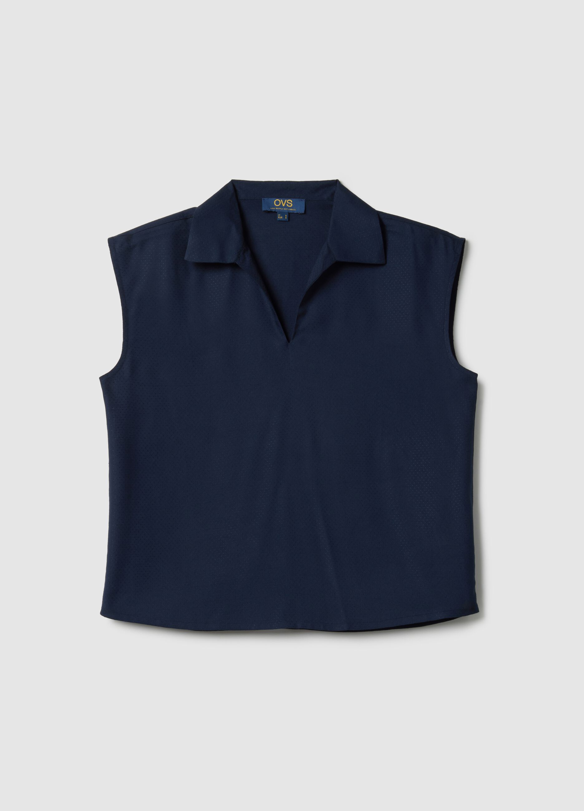 Sleeveless blouse in pure blue viscose, regular fit with V-neck