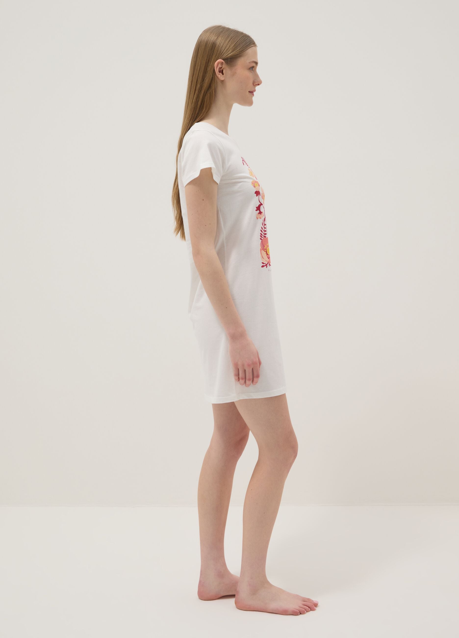 White pure cotton floral print regular fit nightdress