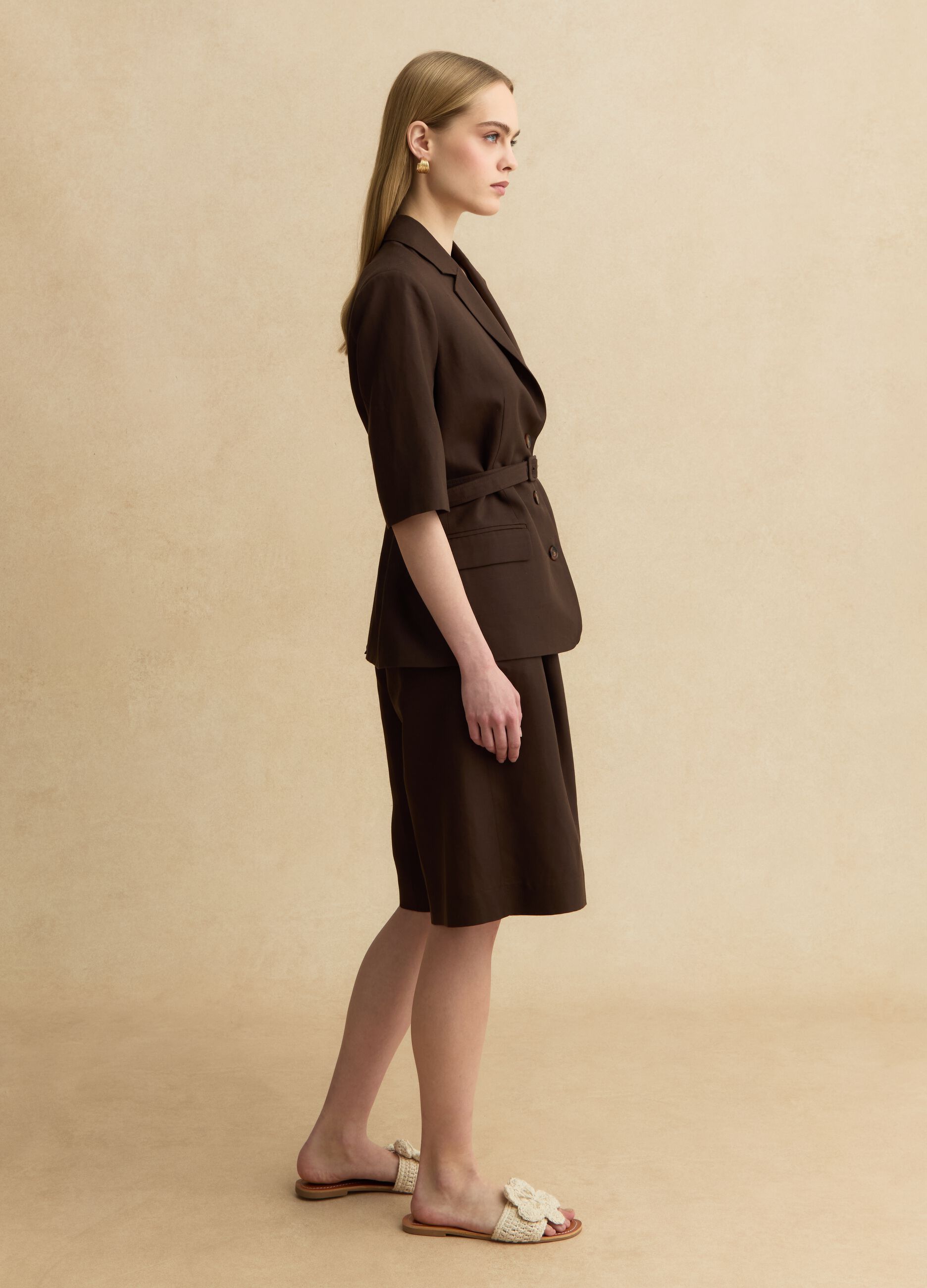 Brown regular fit lyocell and linen blend blazer with belt