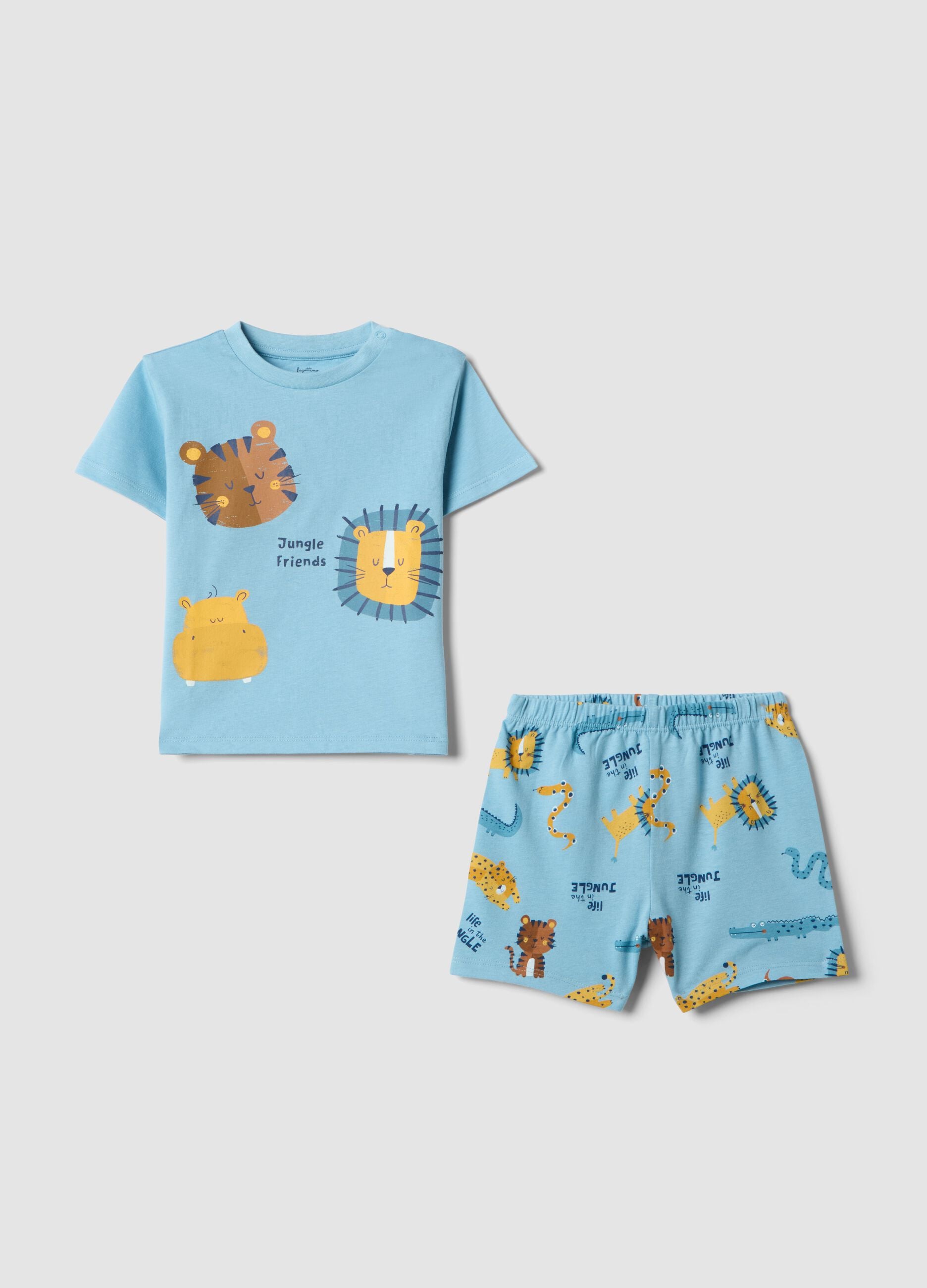 Light blue pure cotton baby pyjamas, regular fit, with animal print