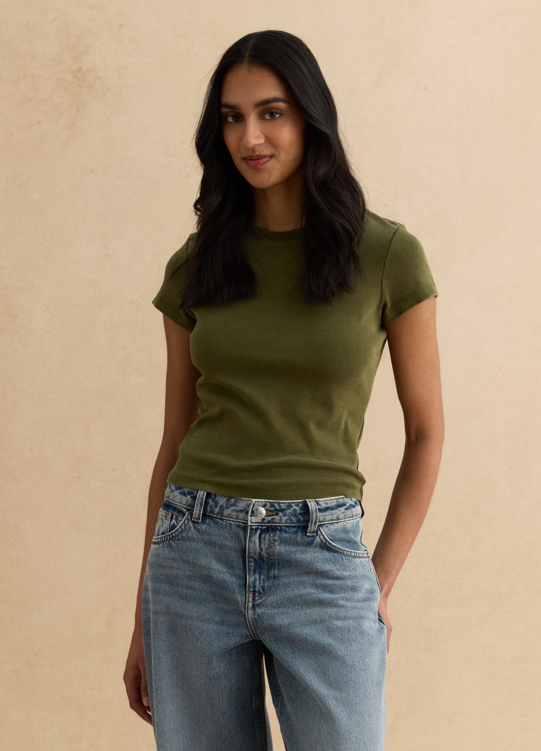 Fitted stretch cotton green t-shirt