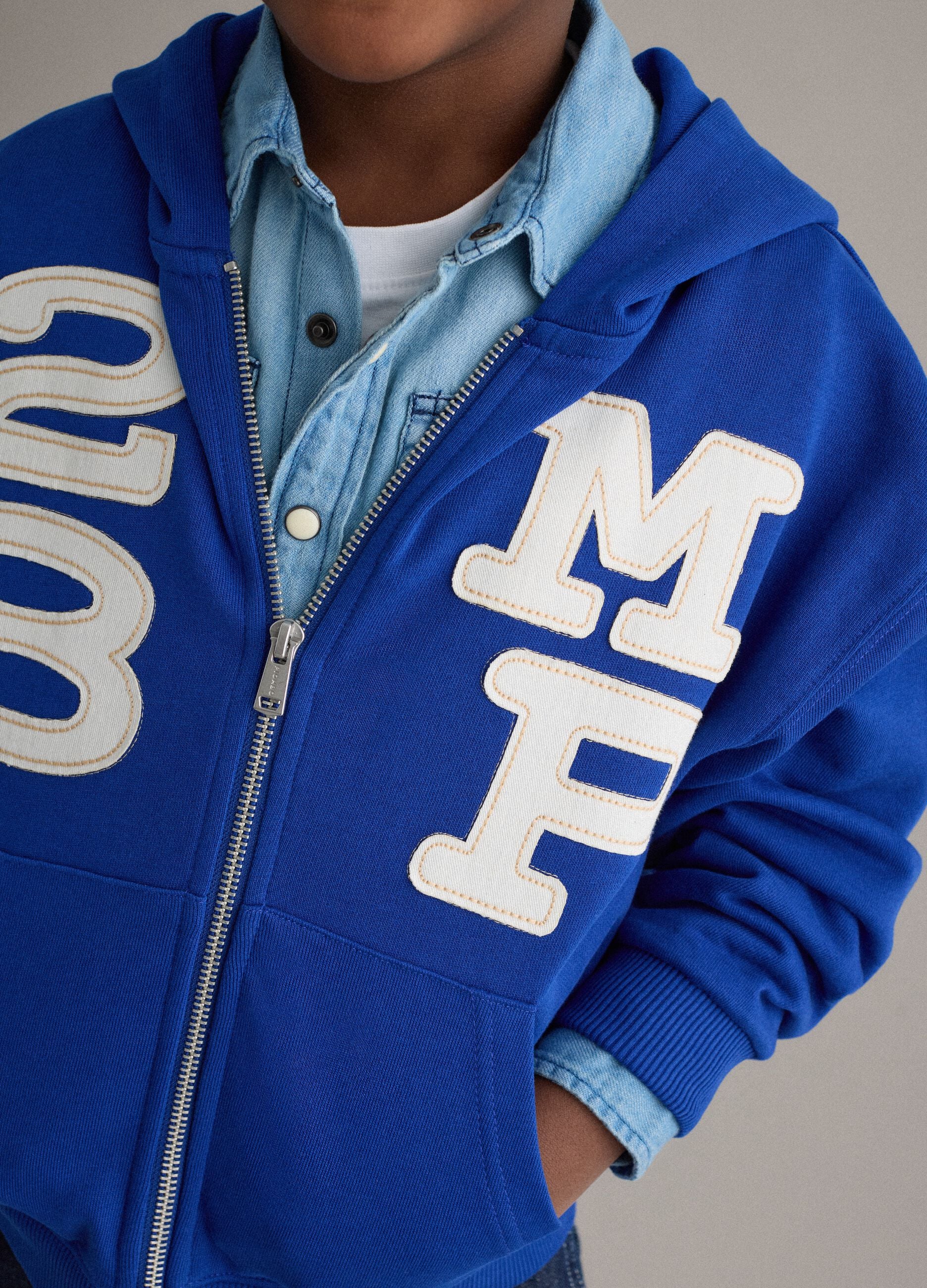 Boys' blue pure cotton hoodie regular fit with numbers and text