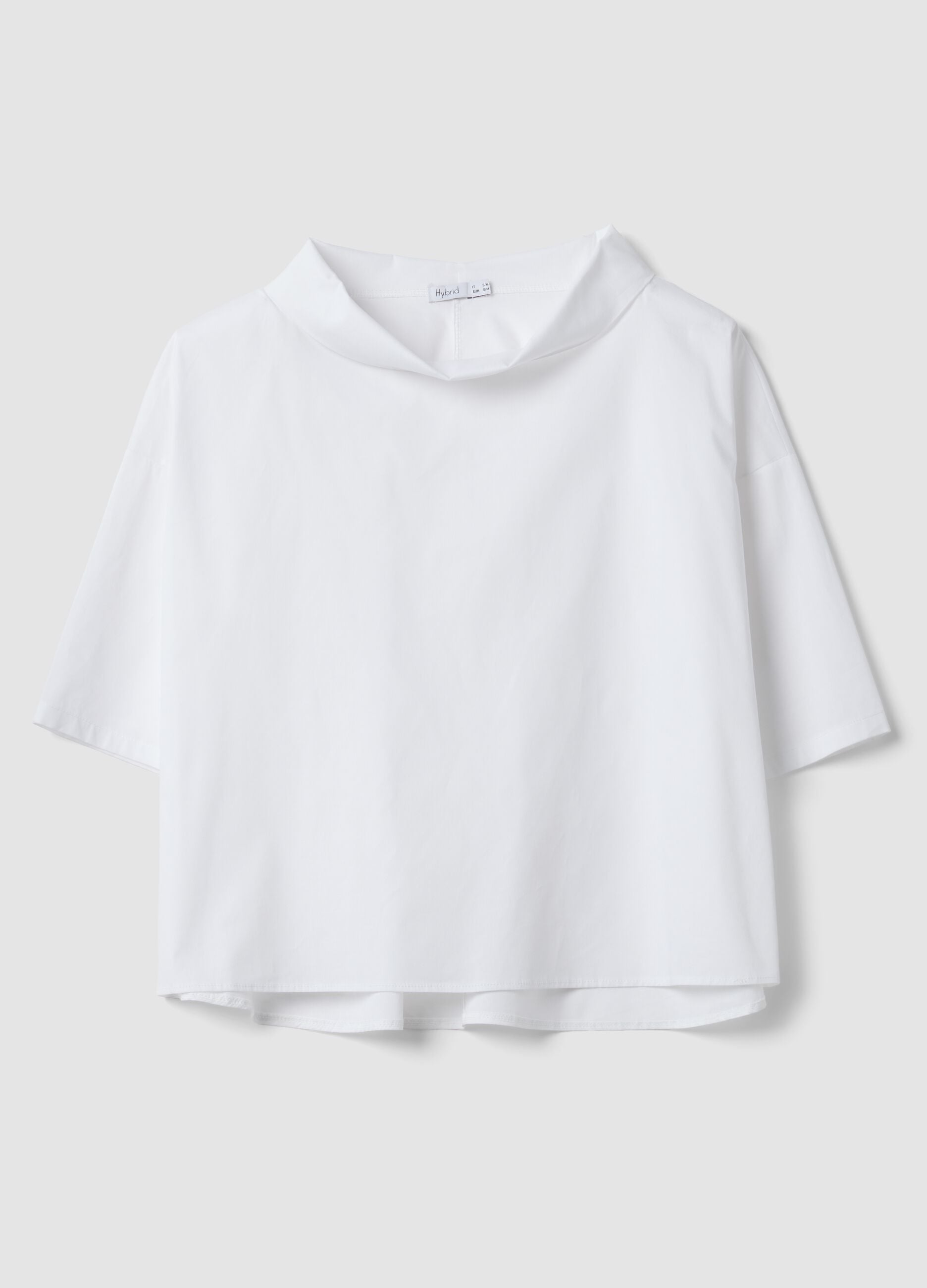White stretch-cotton top with soft funnel neck