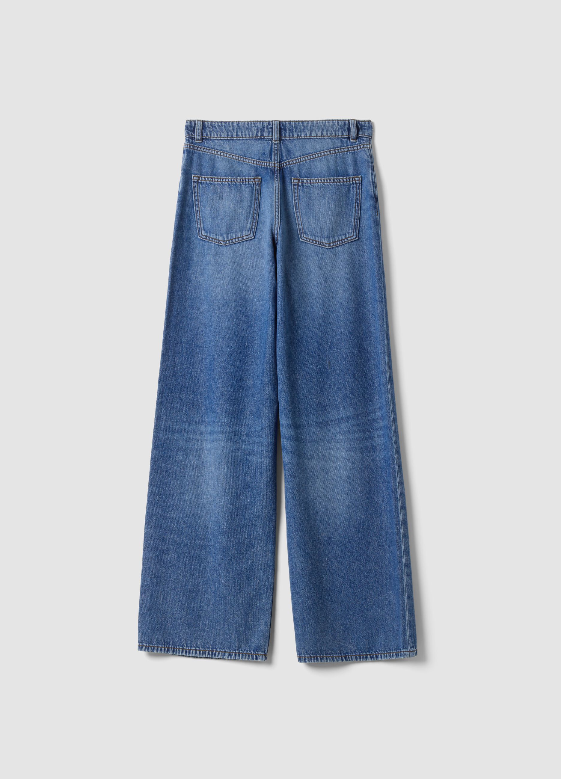 High-waisted wide-leg blue jeans in pure cotton