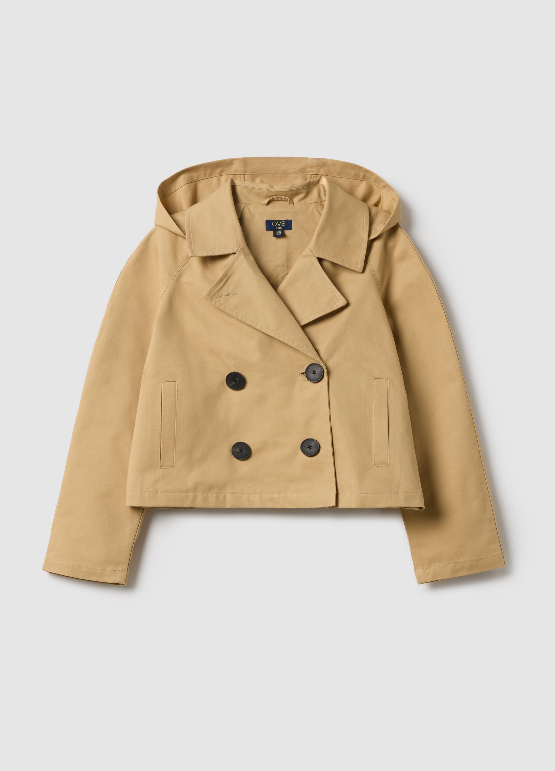 Girl's beige pure cotton jacket with hood, regular fit