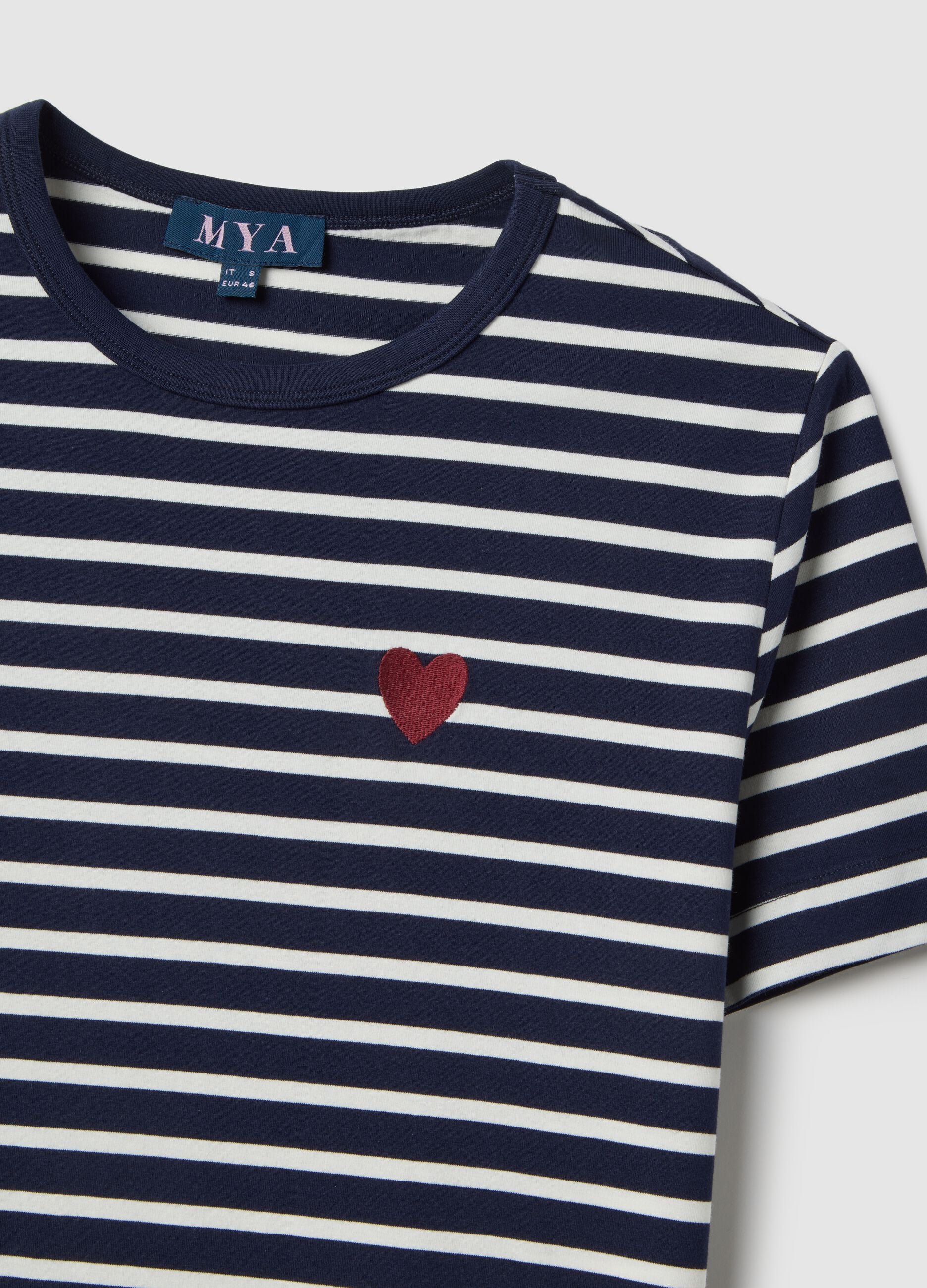 Multicolor striped regular fit stretch cotton t-shirt with heart