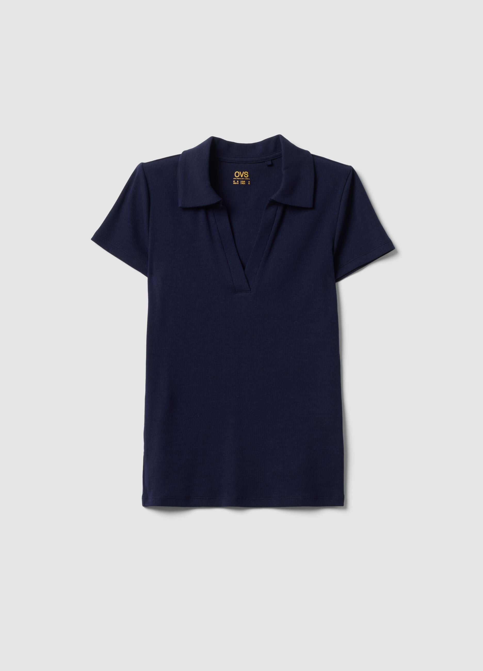 Polo blu in cotone elasticizzato con scollo a V aperto regular fit