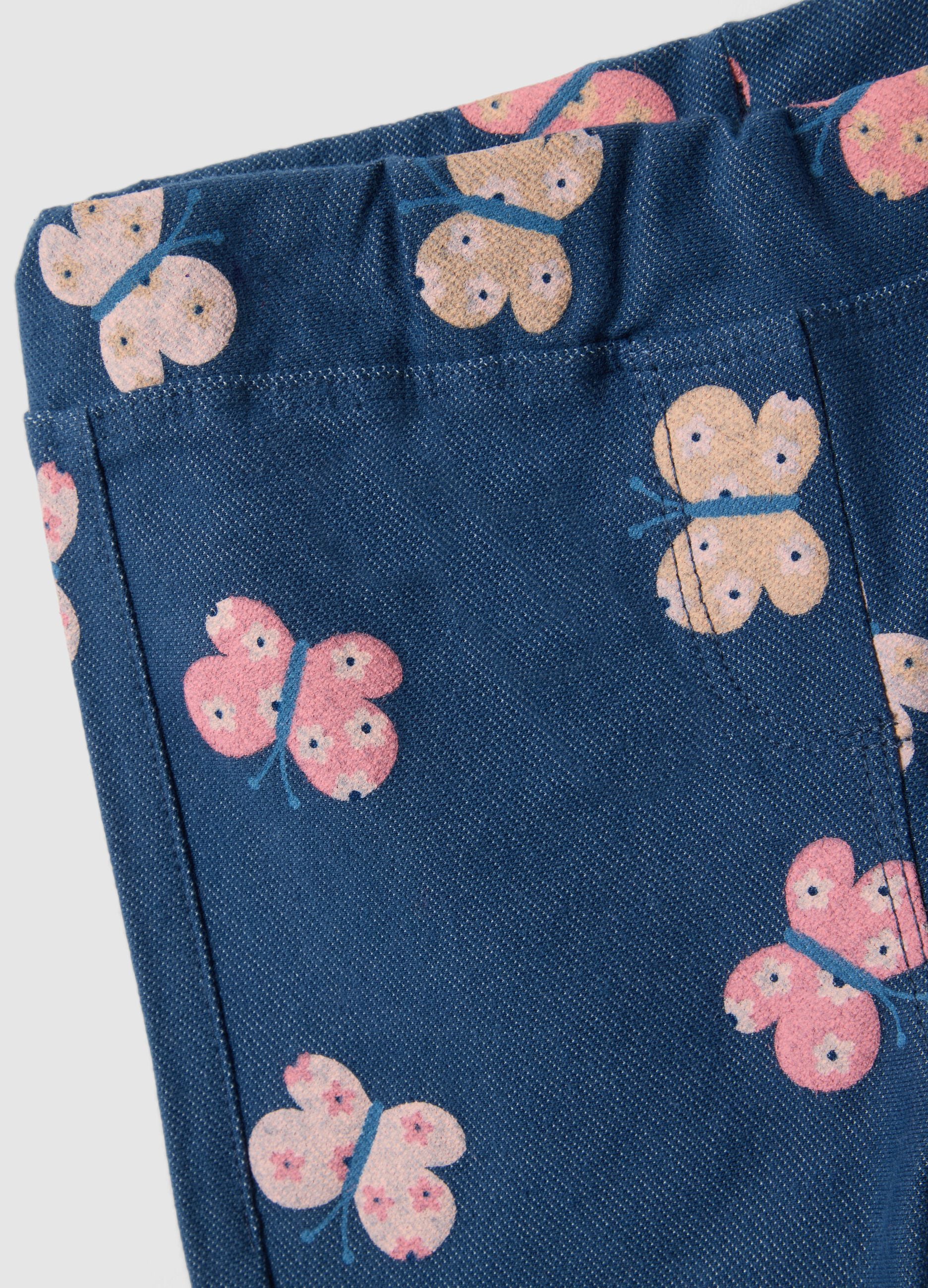 Elasticated Cotton Blue Treggings for Girls with Prints