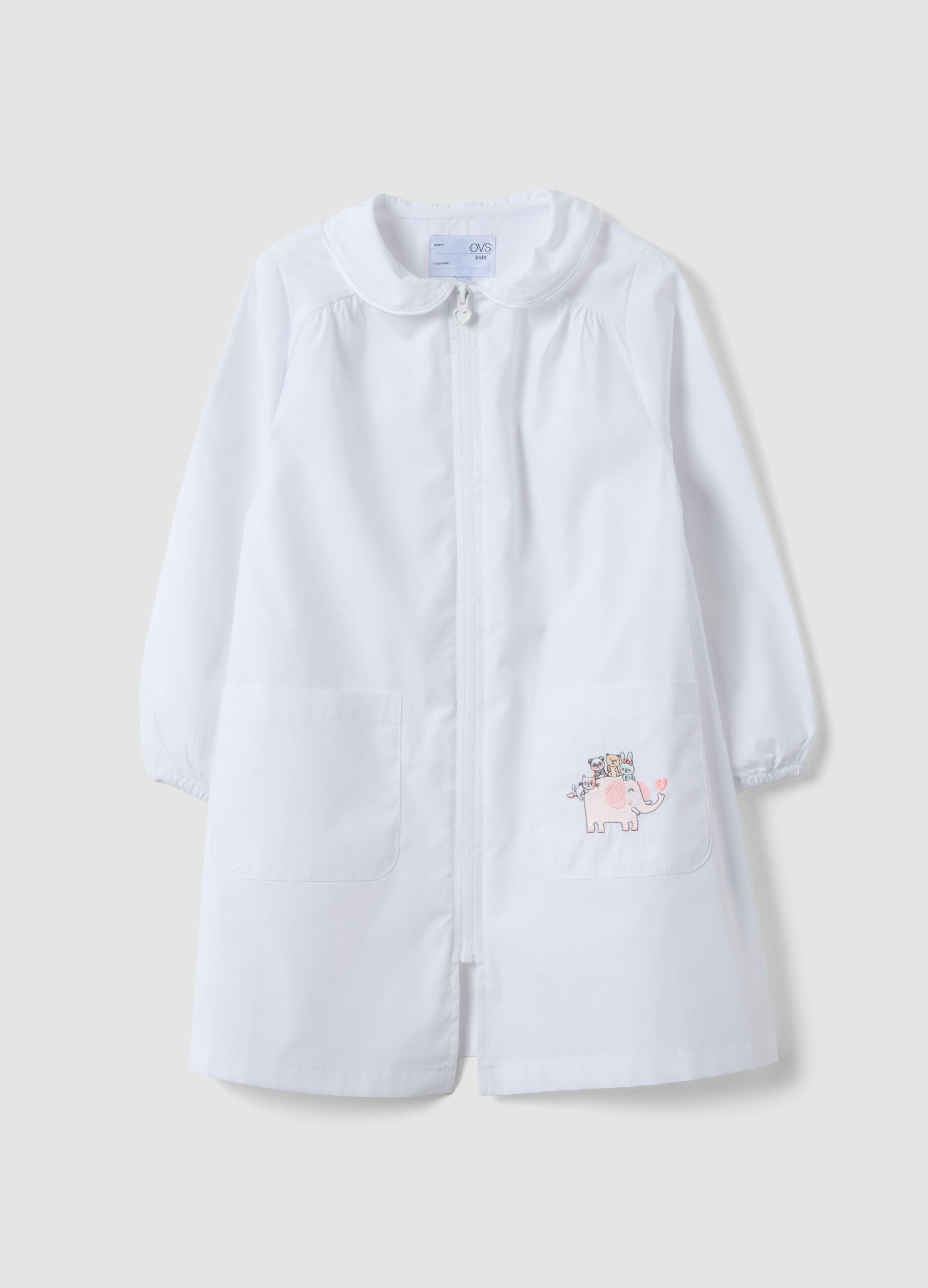 White nursery apron with cute animal embroidery for girls