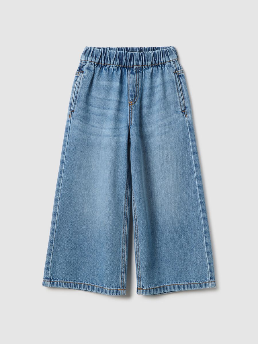 Girls' wide-leg blue pure cotton jeans_0