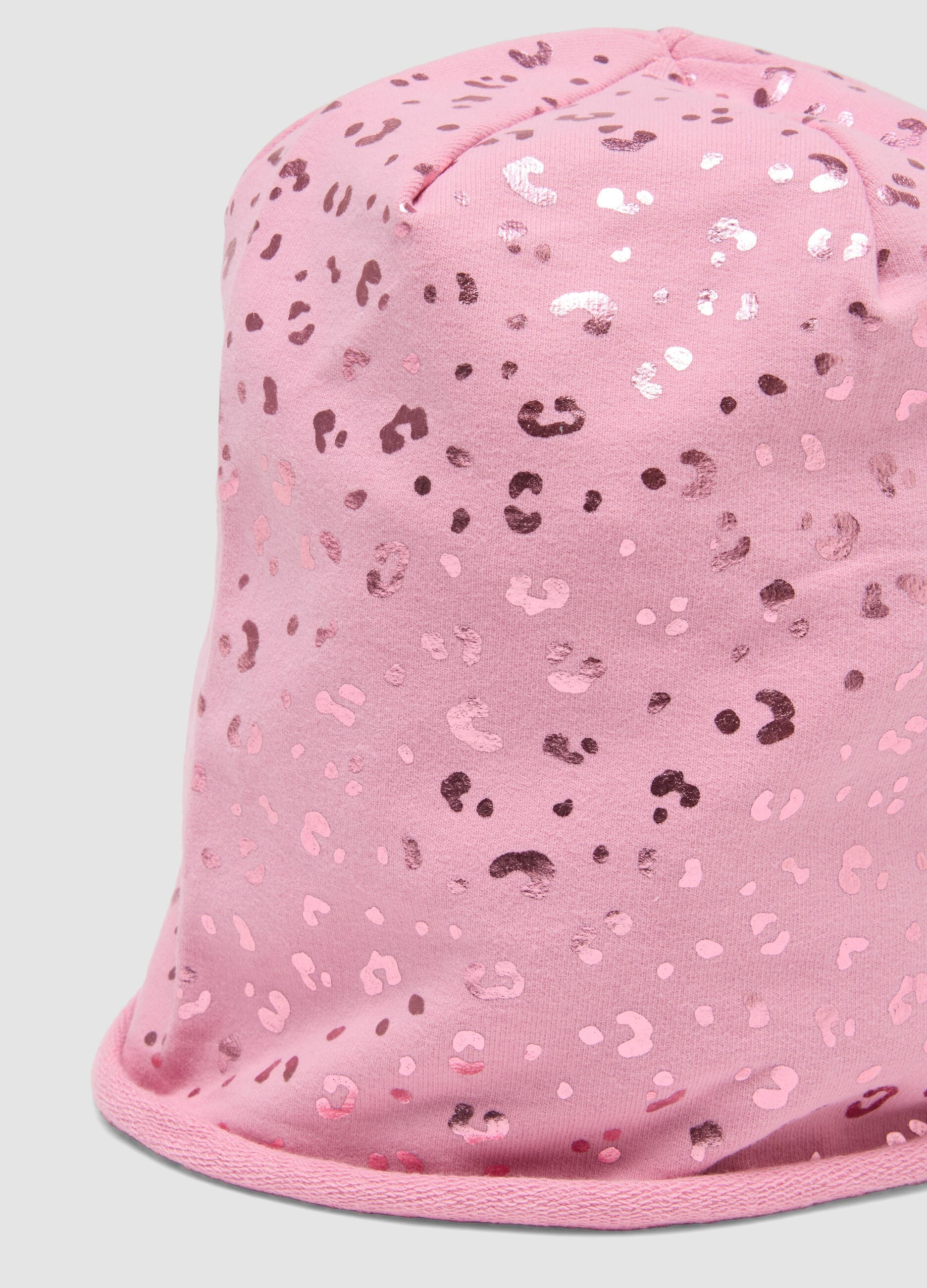 Pink stretch cotton hat with glossy animal print for girls