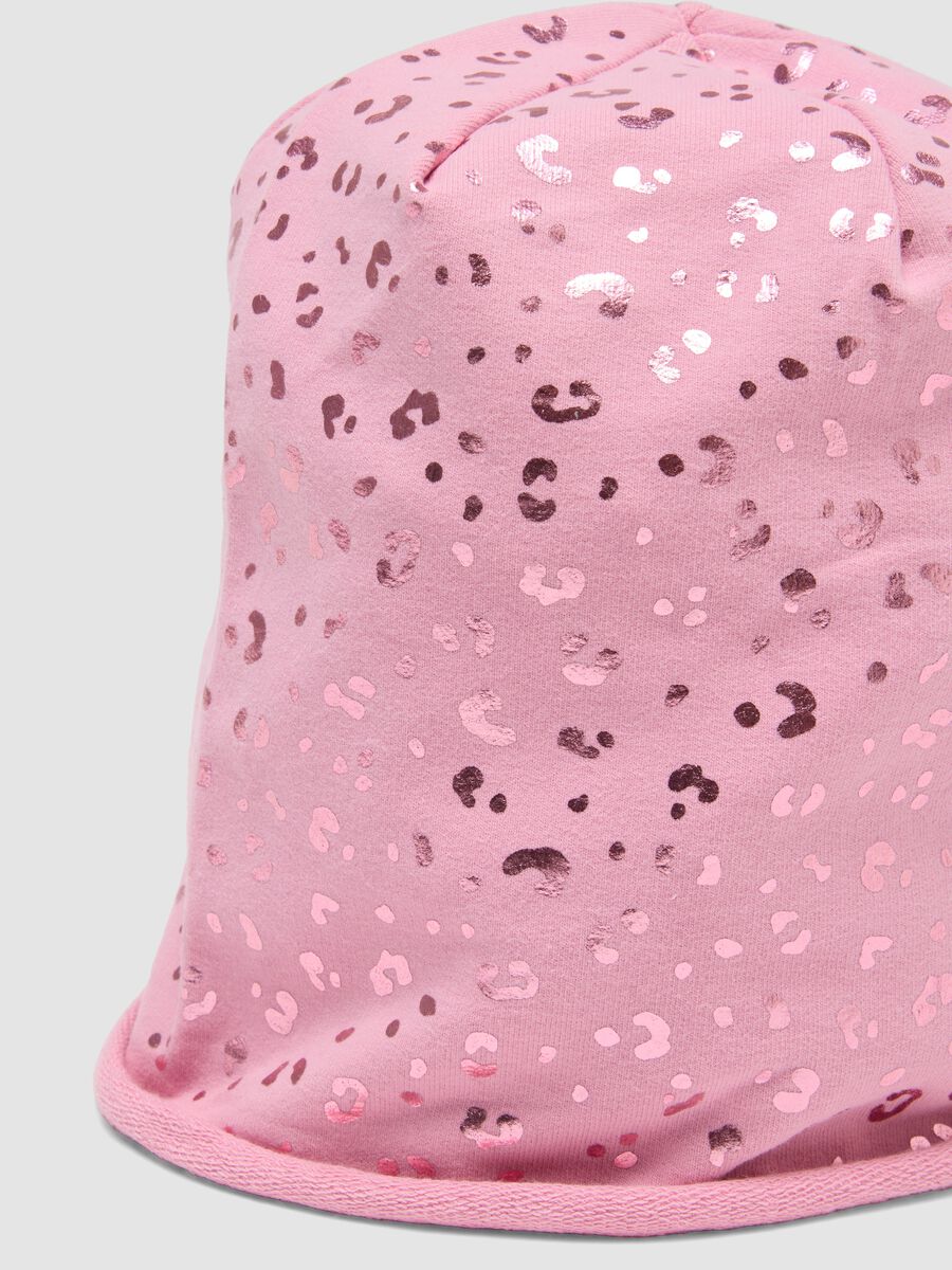 Pink stretch cotton hat with glossy animal print for girls_2