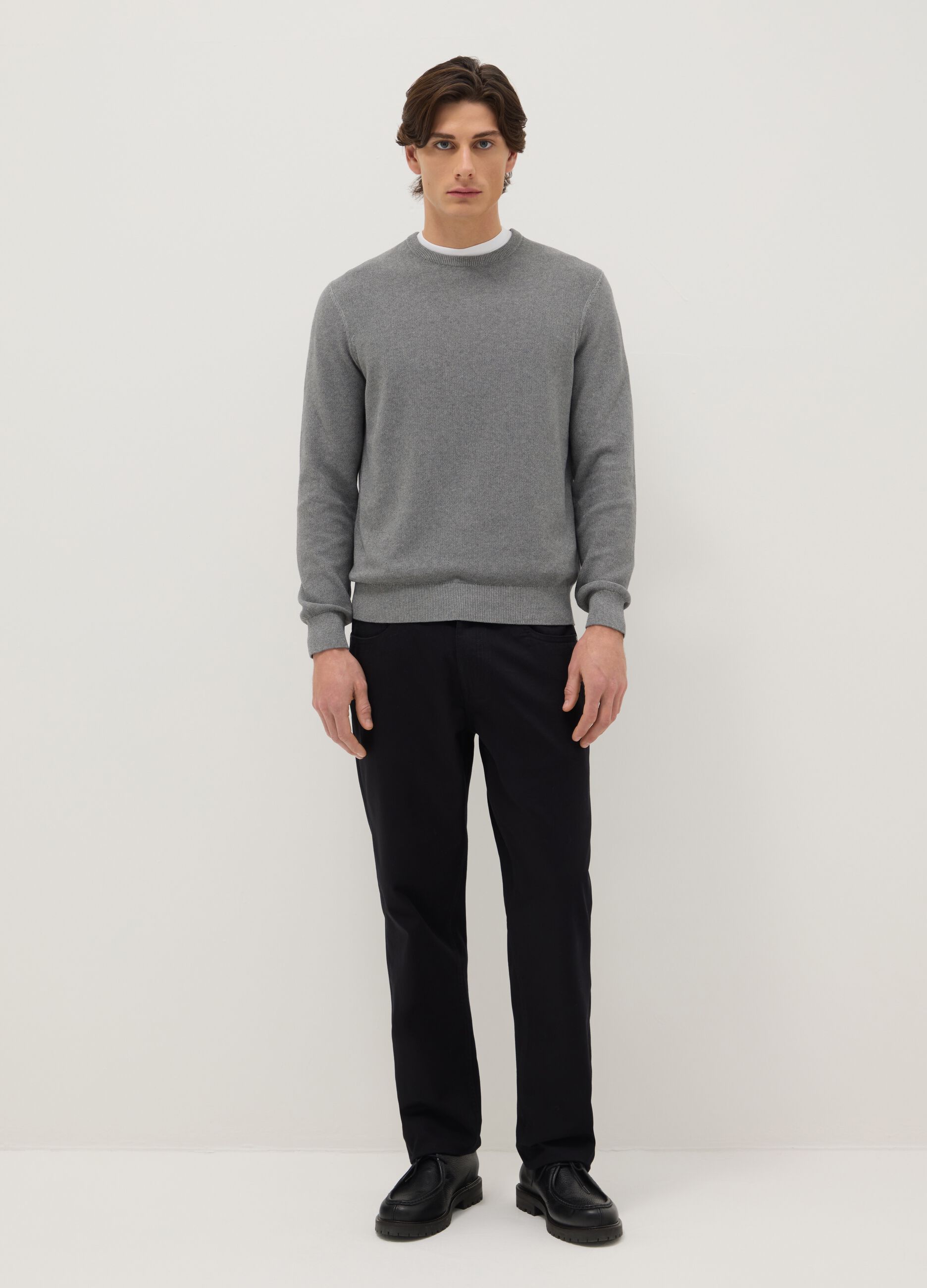 Grey crew neck pure cotton jumper in regular fit