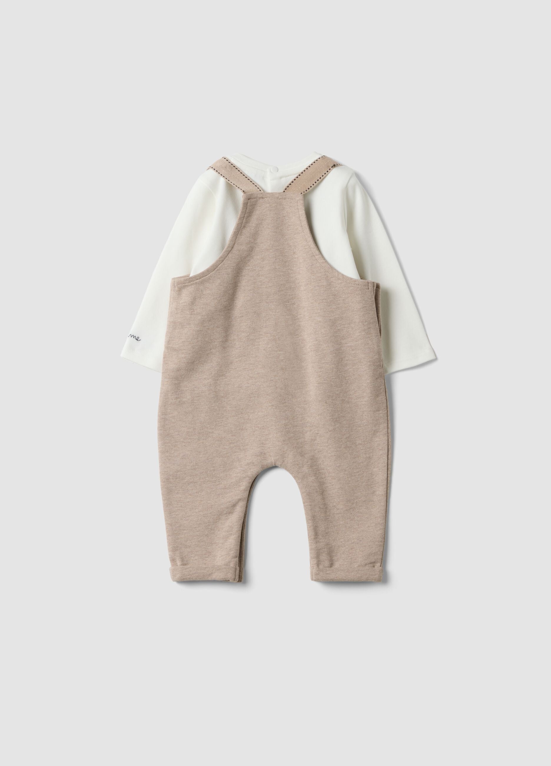 White and beige organic cotton baby set with dungarees