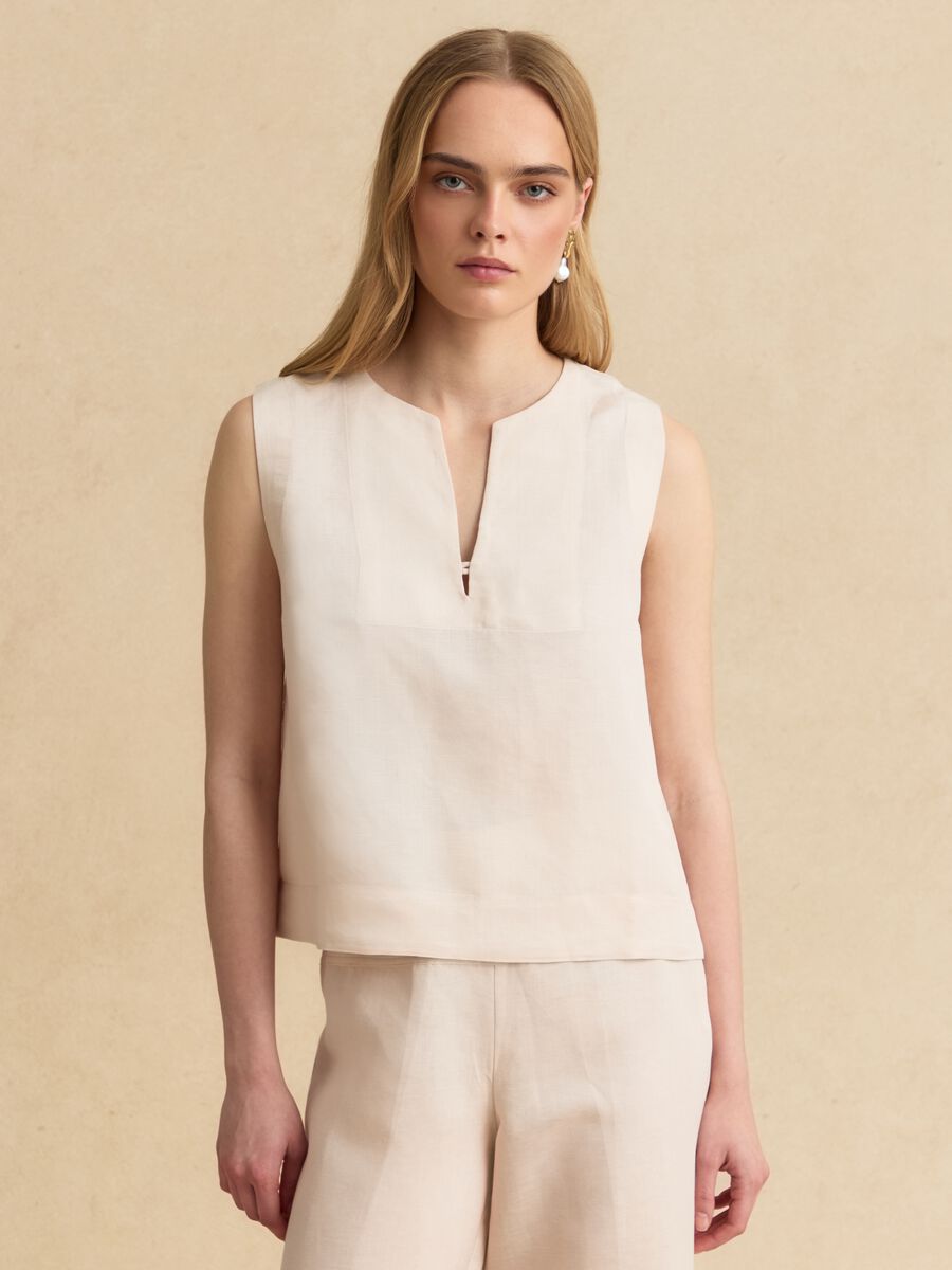 Beige linen-viscose blend top with oversized fit_1