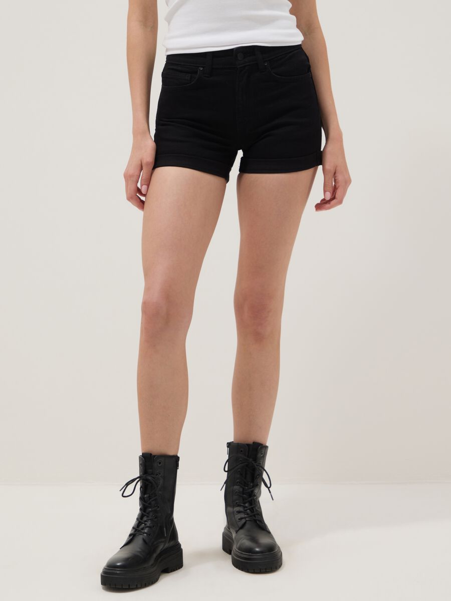 Black stretch cotton denim shorts_2