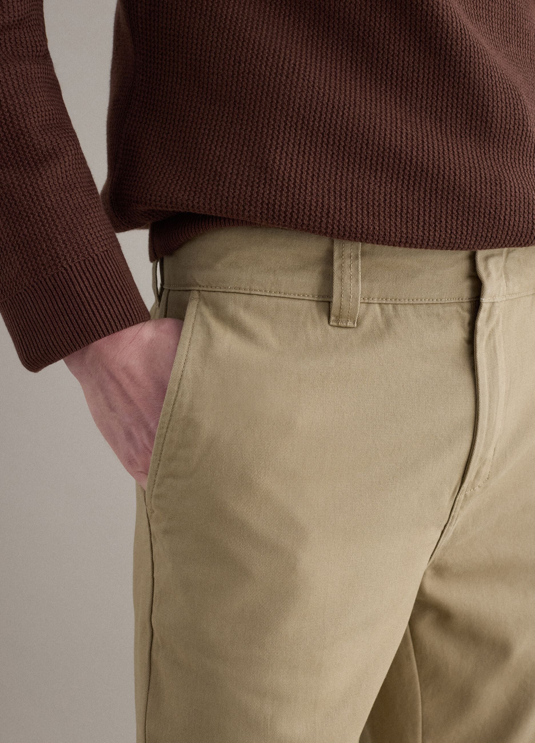 Regular fit straight beige chino trousers in pure cotton twill