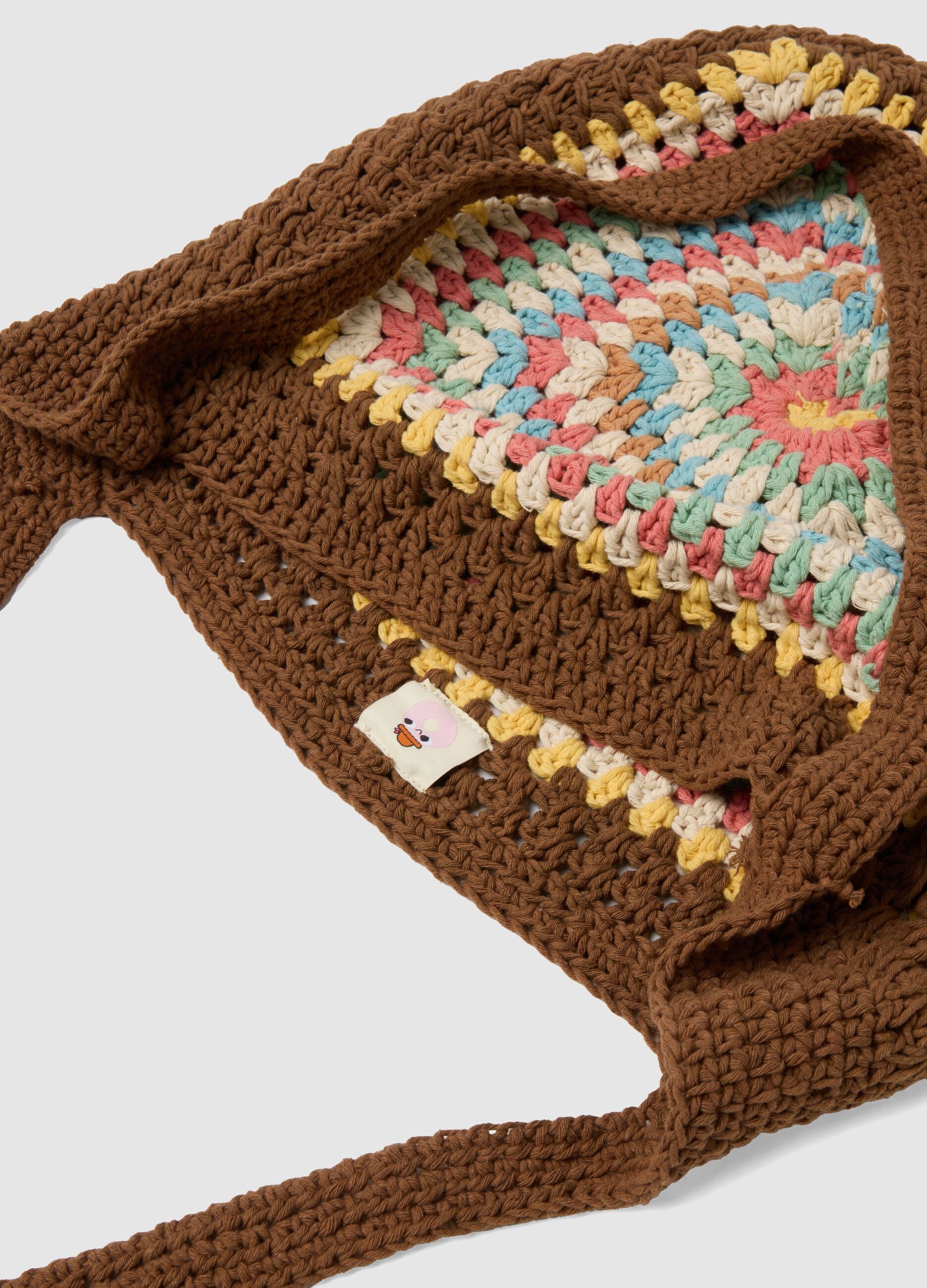 Multicolour Cotton Blend Beach Bag with Crochet Details