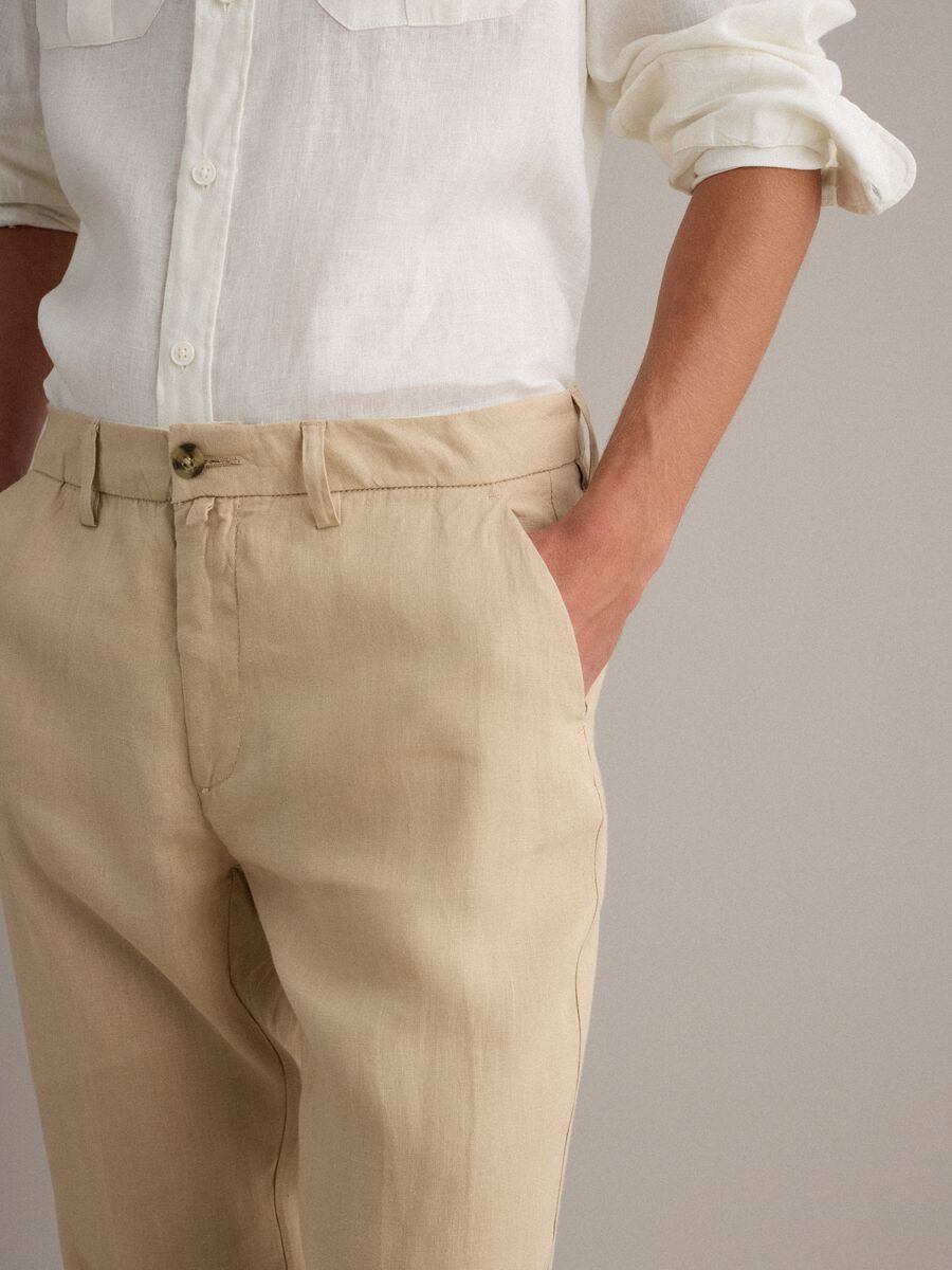 Beige pure linen chino trousers, regular fit_4