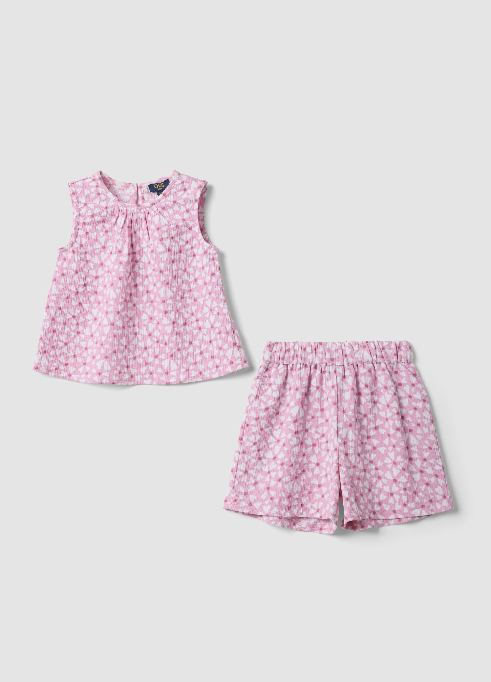 Pink stretch-fabric top and shorts set for girls