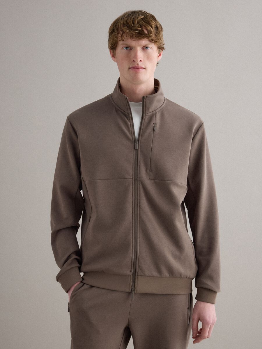 Brown cotton blend regular fit sweatshirt with full zip and high collar_3
