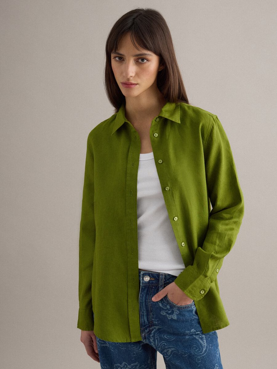 Green Pure Linen Regular Fit Shirt_0