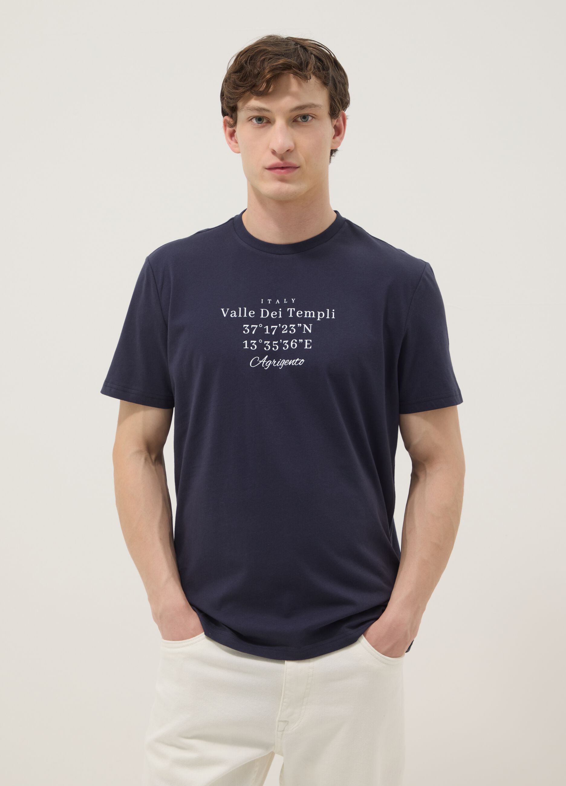 Blue short-sleeve pure cotton T-shirt, regular fit